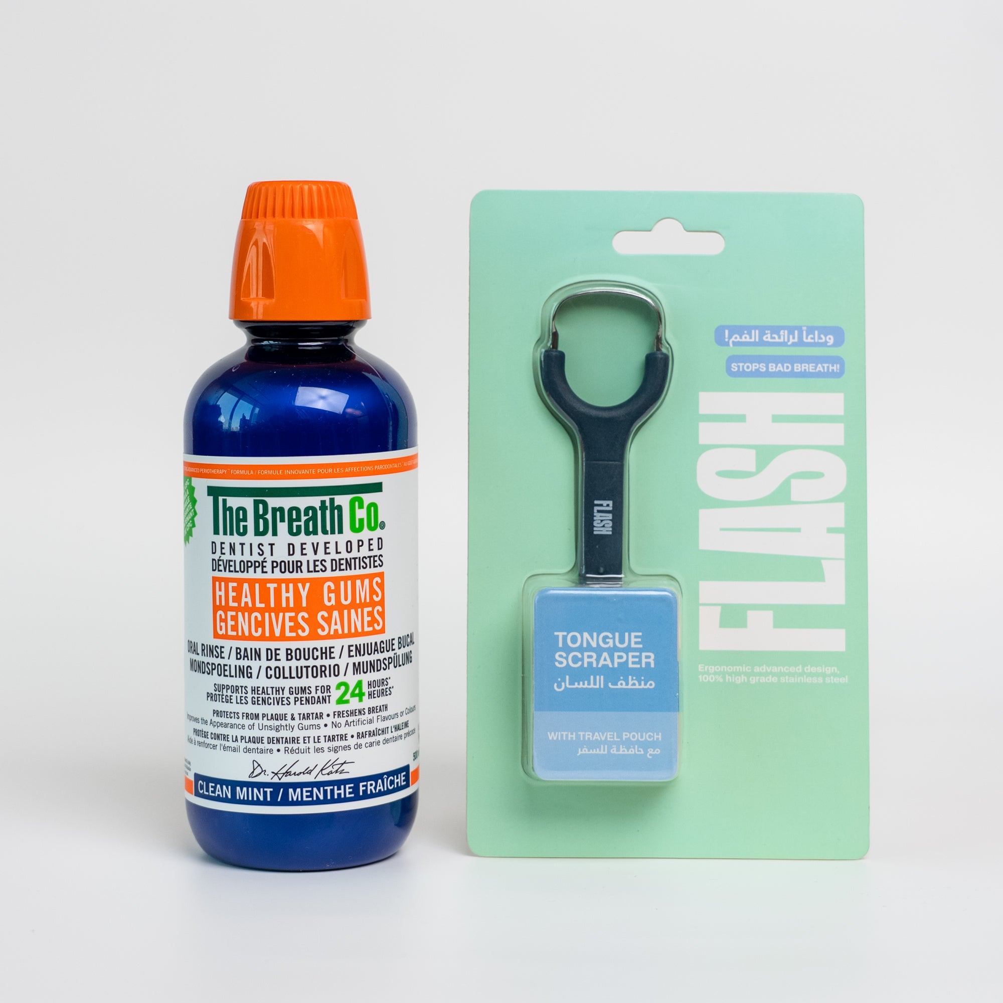 The Breath Co Clean Mint Oral Rinse + Flash Tongue Scraper Dark Blue