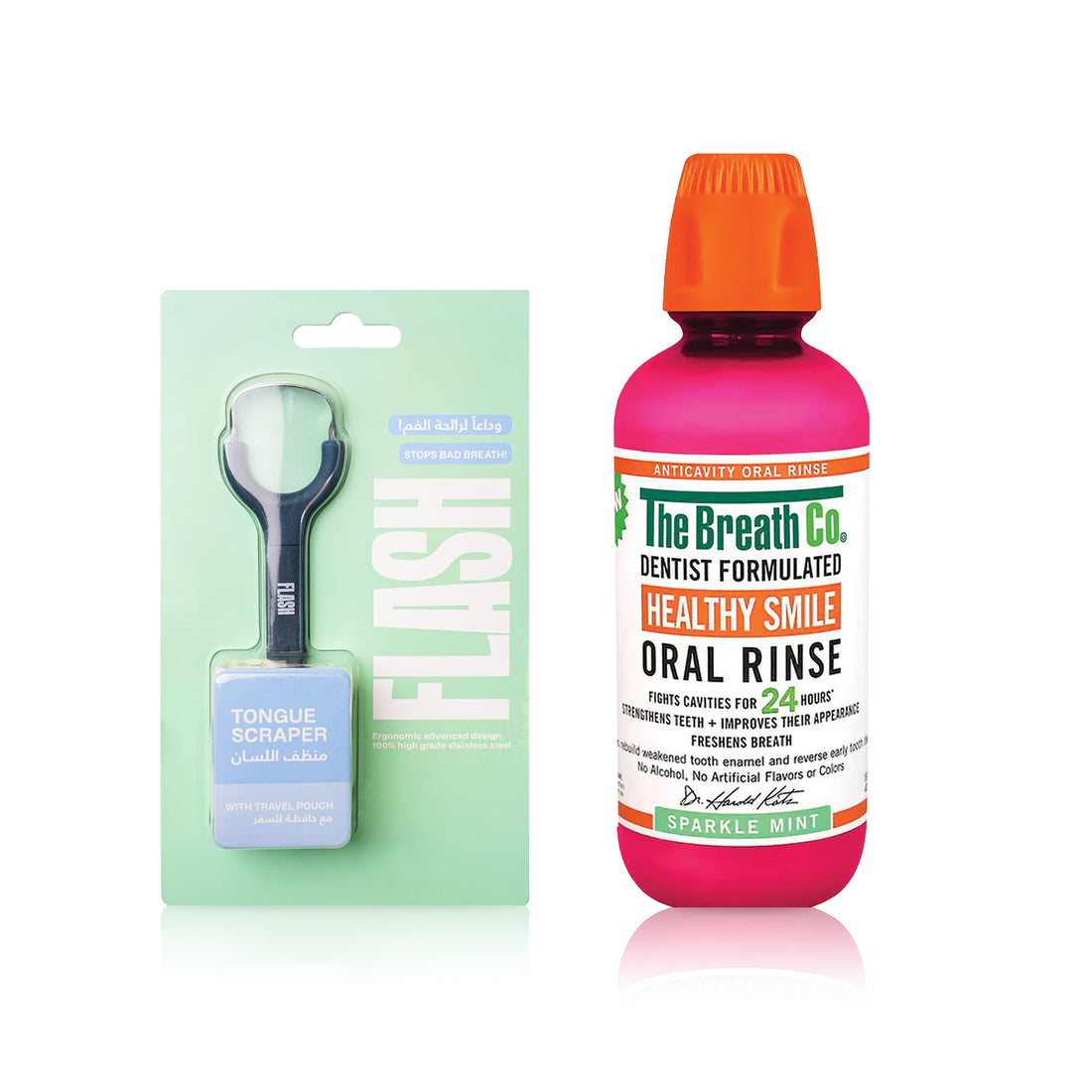 The Breath Co Sparkle Mint Oral Rinse + Flash Tongue Scraper Dark Blue