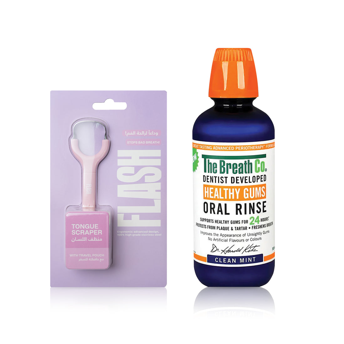 The Breath Co Clean Mint Oral Rinse + Flash Tongue Scraper Pink