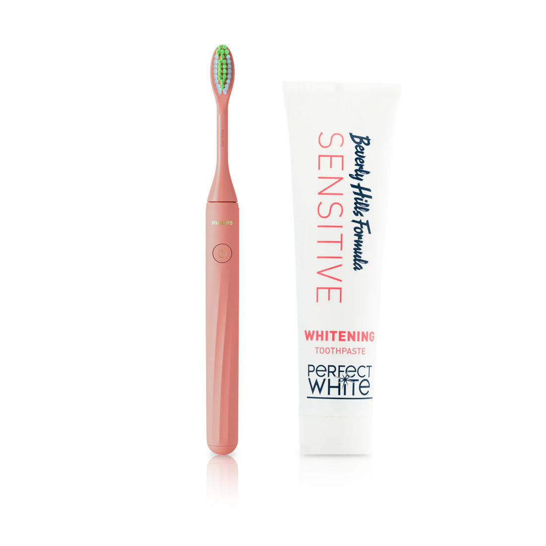 PhilipsOne Battery Toothbrush BY Sonicare, Miami Coral + Beverly Hills Perfect White Sensitive Toothpaste