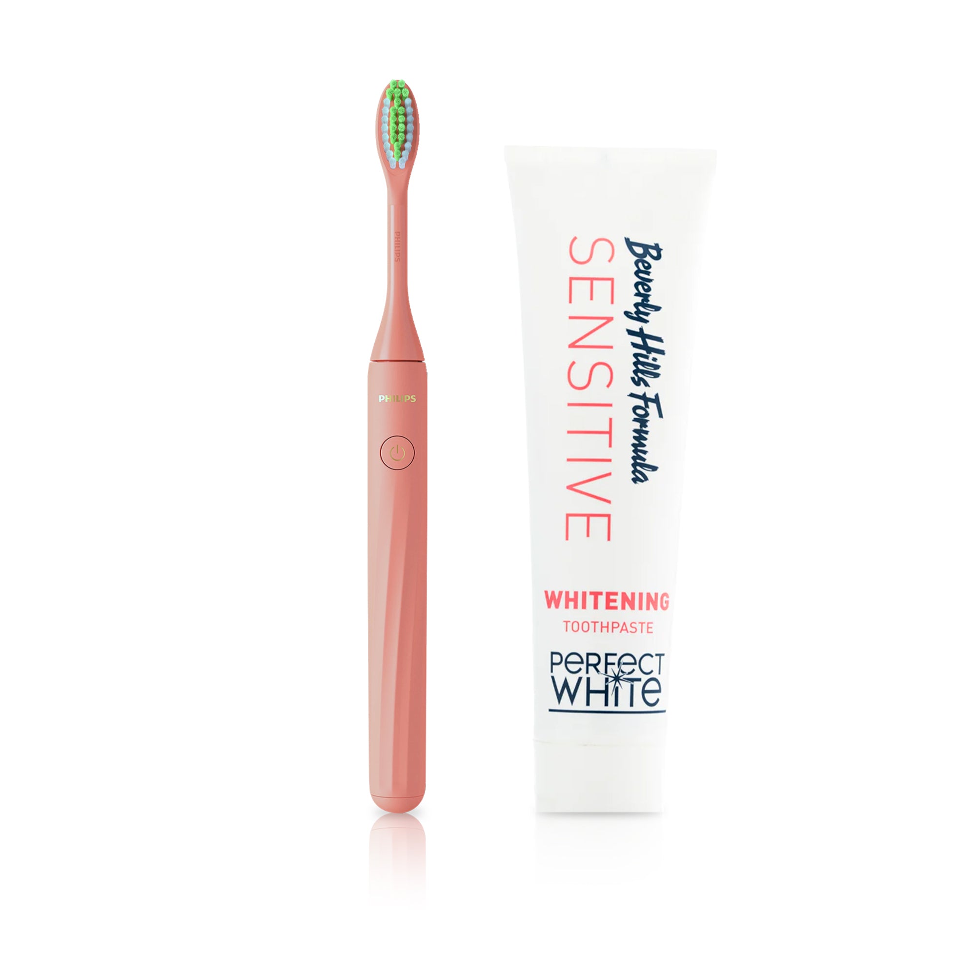 PhilipsOne Battery Toothbrush BY Sonicare, Miami Coral + Beverly Hills Perfect White Sensitive Toothpaste