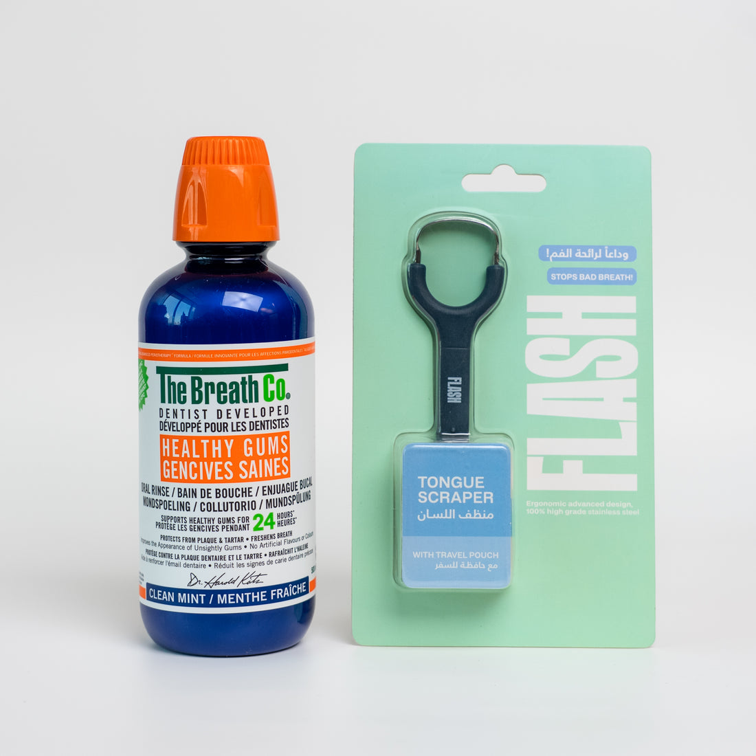 The Breath Co Clean Mint Oral Rinse + Flash Tongue Scraper Dark Blue