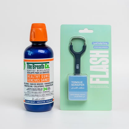 The Breath Co Clean Mint Oral Rinse + Flash Tongue Scraper Dark Blue