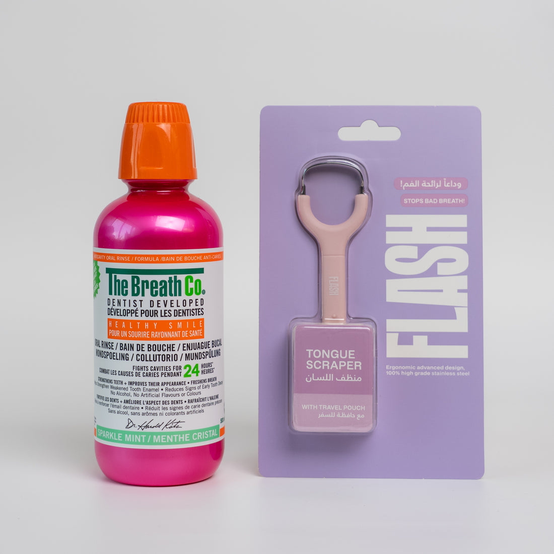 The Breath Co Sparkle Mint Oral Rinse + Flash Tongue Scraper Pink