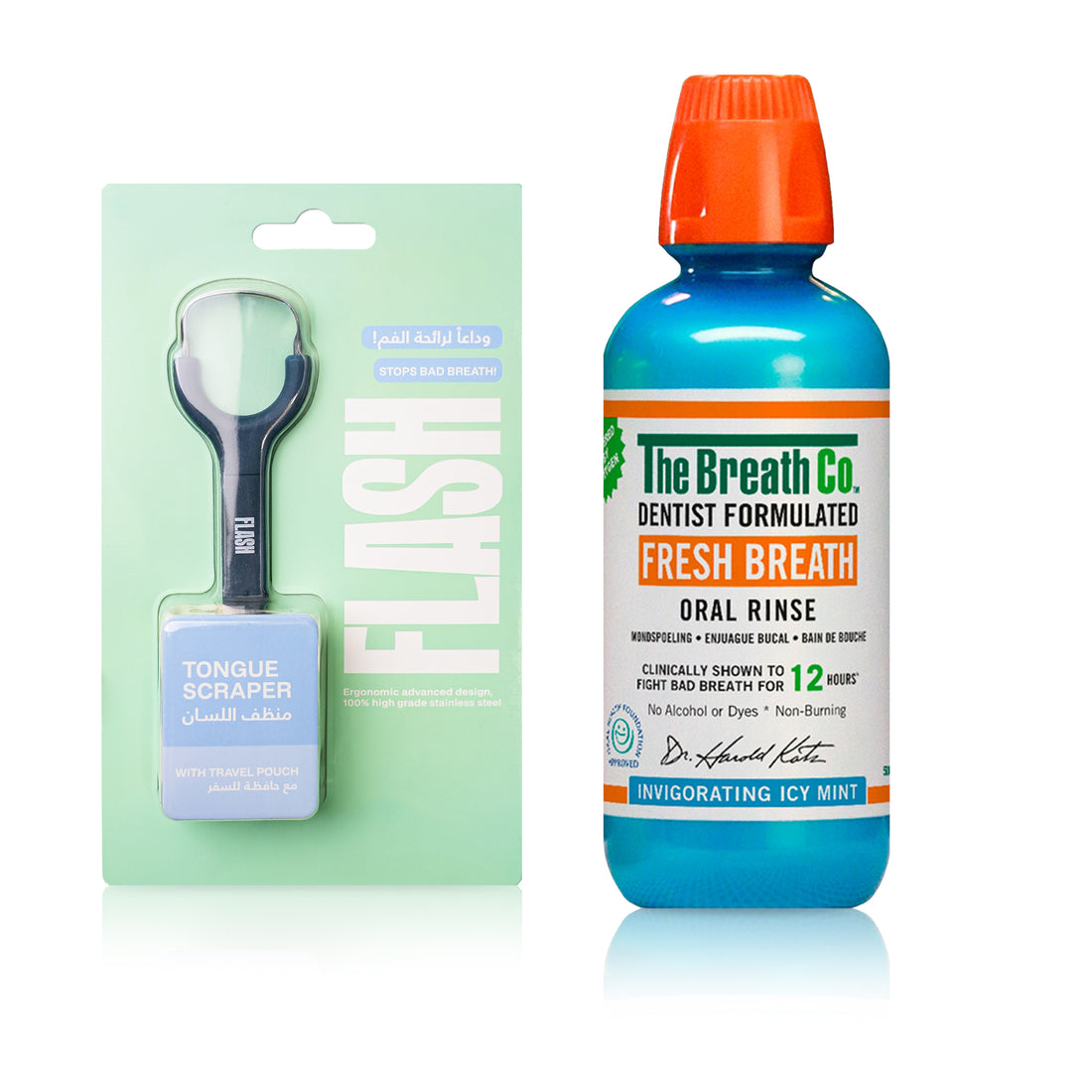 The Breath Co Icy Mint Oral Rinse + Flash Tongue Scraper Dark Blue