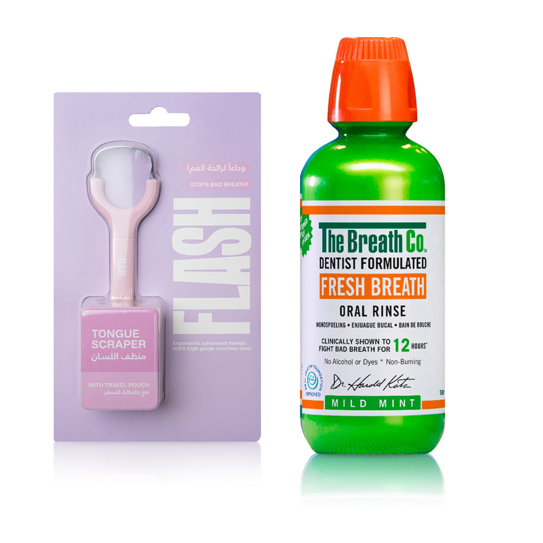 The Breath Co Mild Mint Oral Rinse + Flash Tongue Scraper Pink