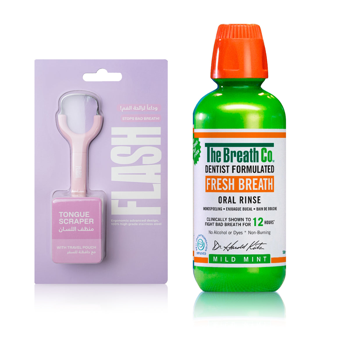 The Breath Co Mild Mint Oral Rinse + Flash Tongue Scraper Pink
