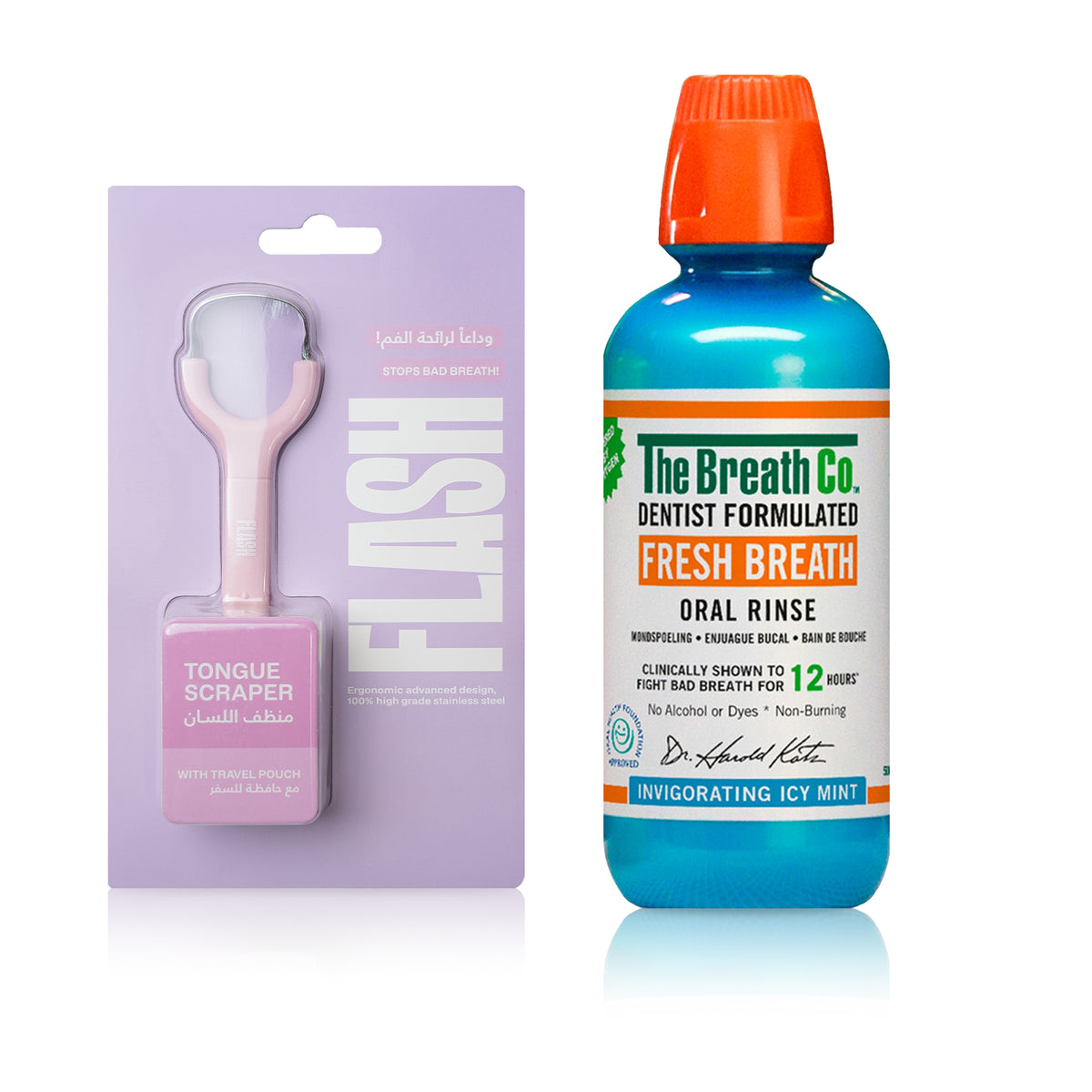 The Breath Co Icy Mint Oral Rinse + Flash Tongue Scraper Pink