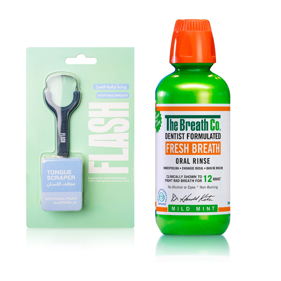 The Breath Co Mild Mint Oral Rinse + Flash Tongue Scraper Dark Blue
